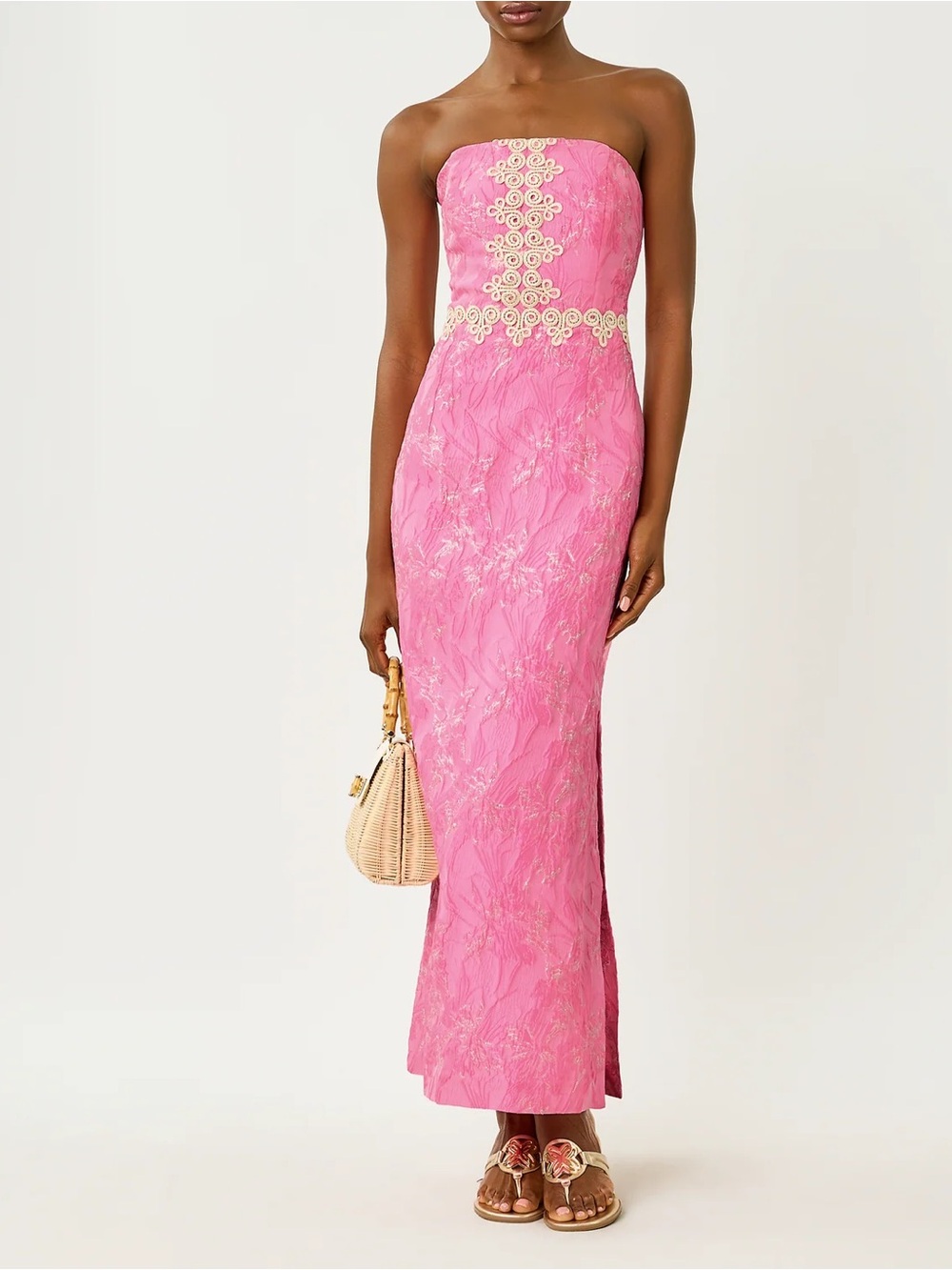 Lilly Pulitzer Strapless Pink Lace Column Dress with Cream Trim